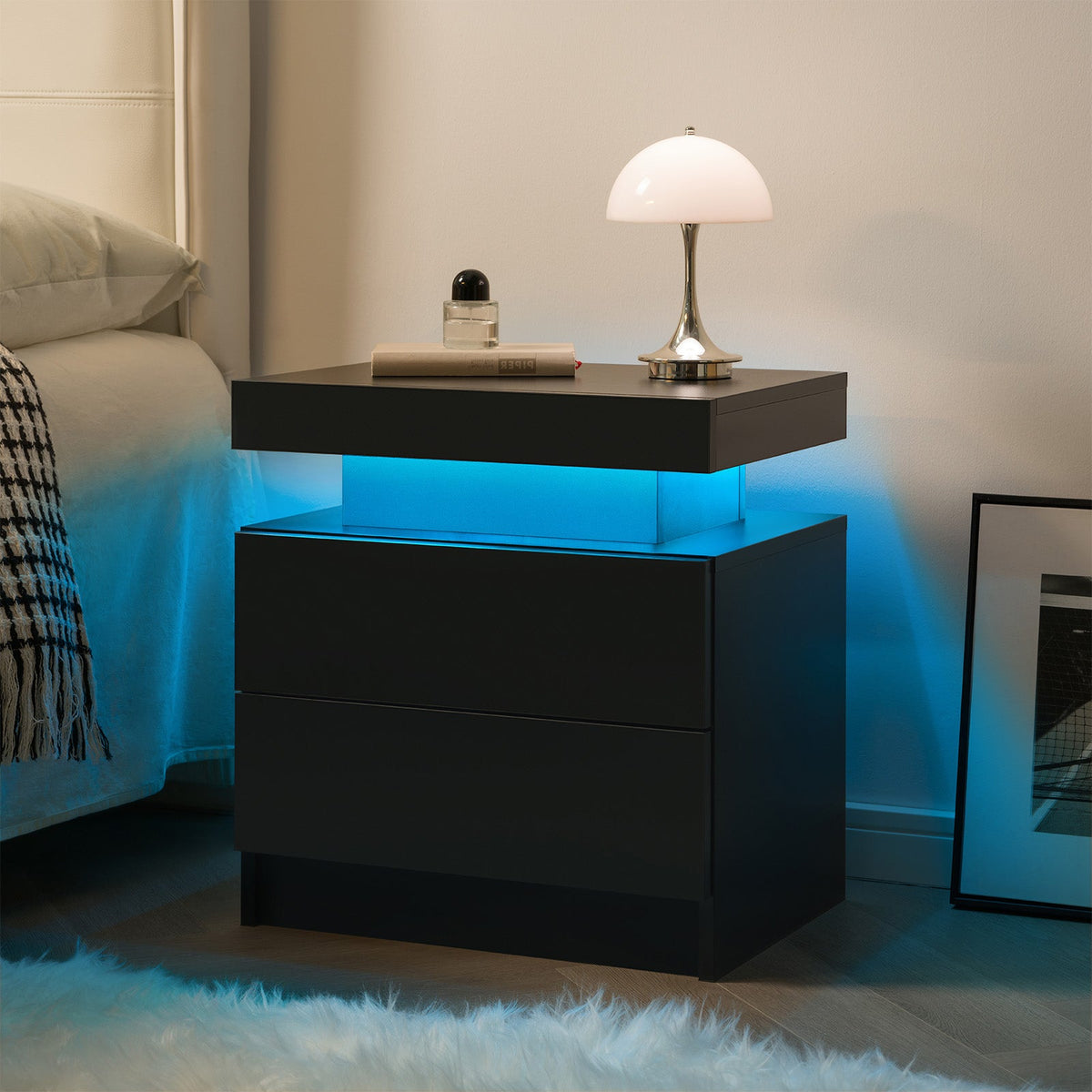 Modern LED Nightstand with 2 Drawers – Black