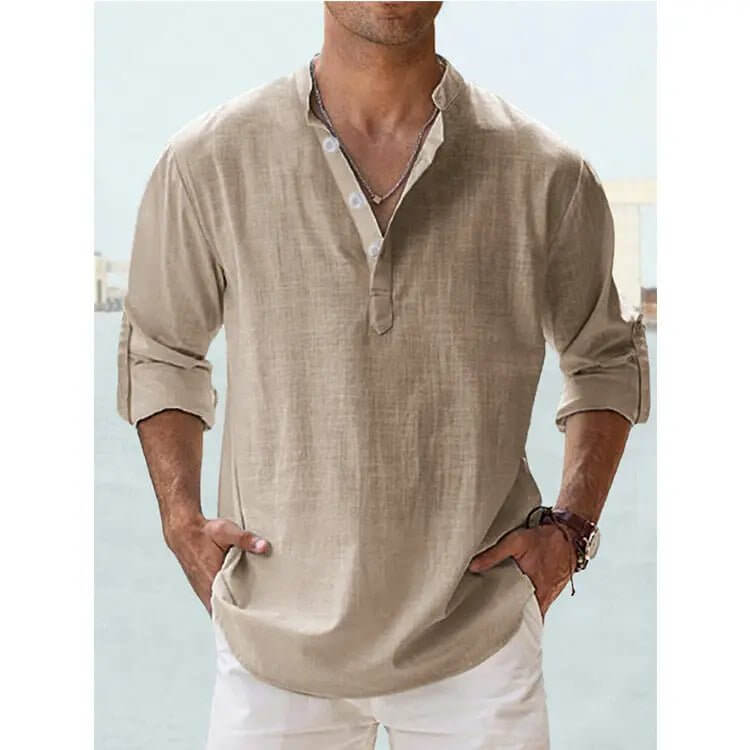 Men’s Cotton-Linen Loose Fit Long Sleeve Shirt