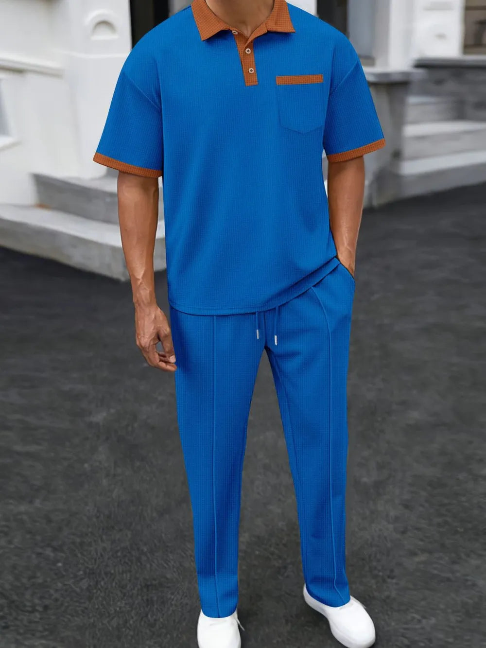 Men’s Waffle-Knit Contrast Polo & Pants Set