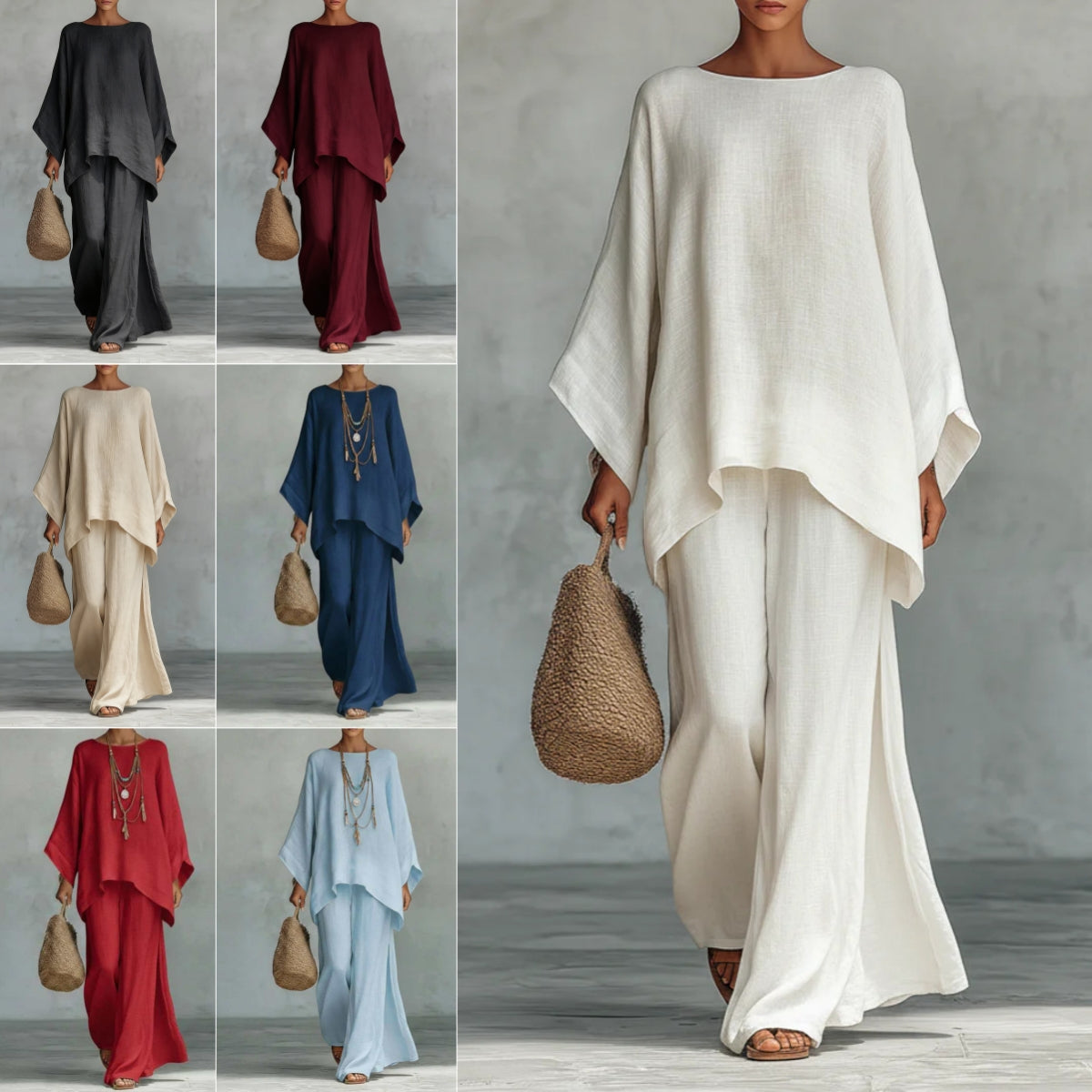 Minimalist Long-Sleeve Top & Wide-Leg Trousers Set