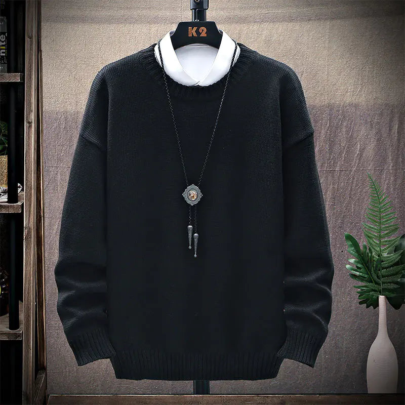 Men's Casual Brown Long-Sleeved Round Neck Sweater