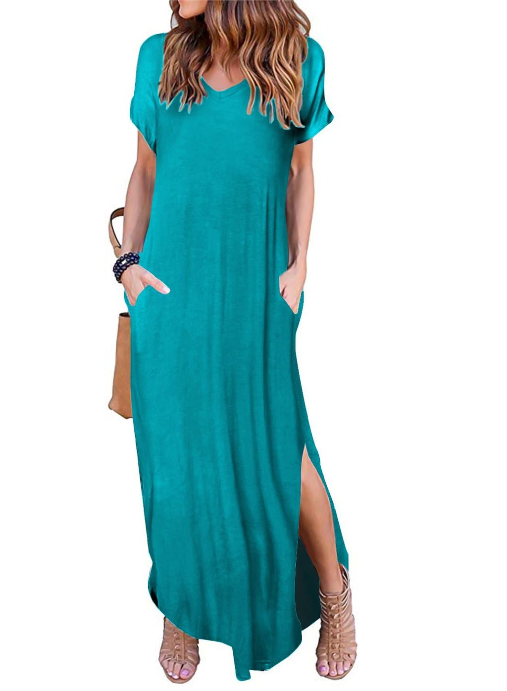 Camdoria Teal Maxi Dress for Women Summer Loose Casual Short Sleeves V Neck Flowy Long Dresses Split Sundress with Pockets Large