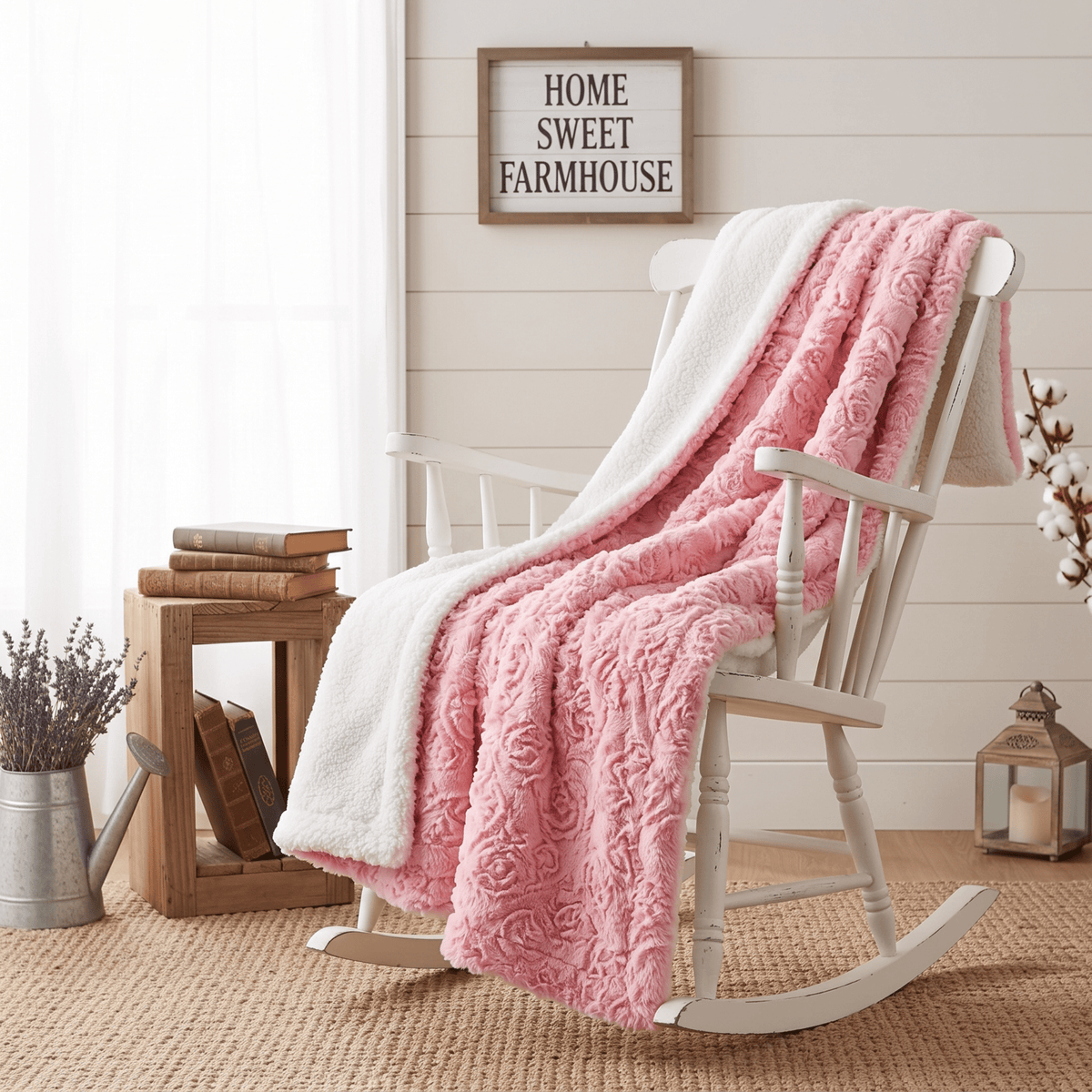 DaDa Bedding Pink Rose Bud Faux Fur Sherpa Blanket