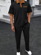 Men’s Waffle-Knit Contrast Polo & Pants Set