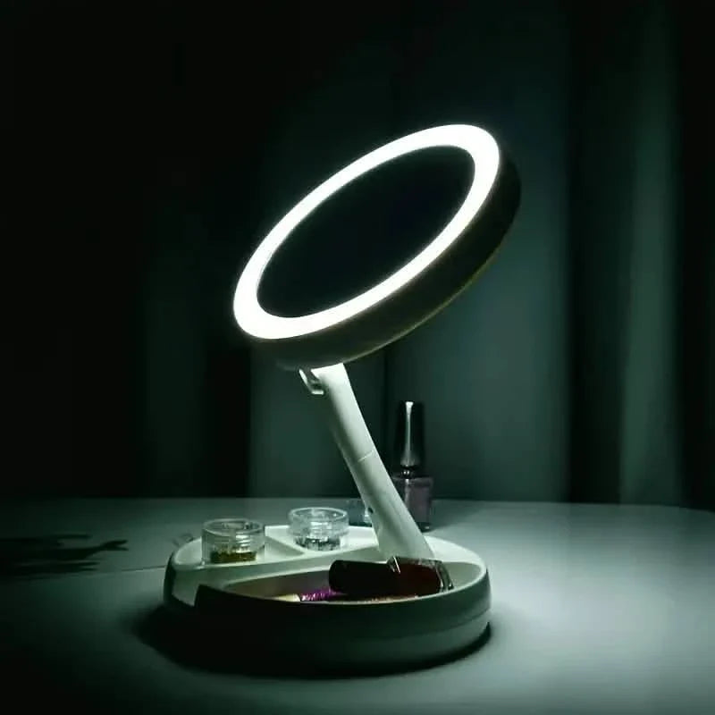 Foldable LED Vanity Mirror with Storage Base – 1X / 10X Magnification