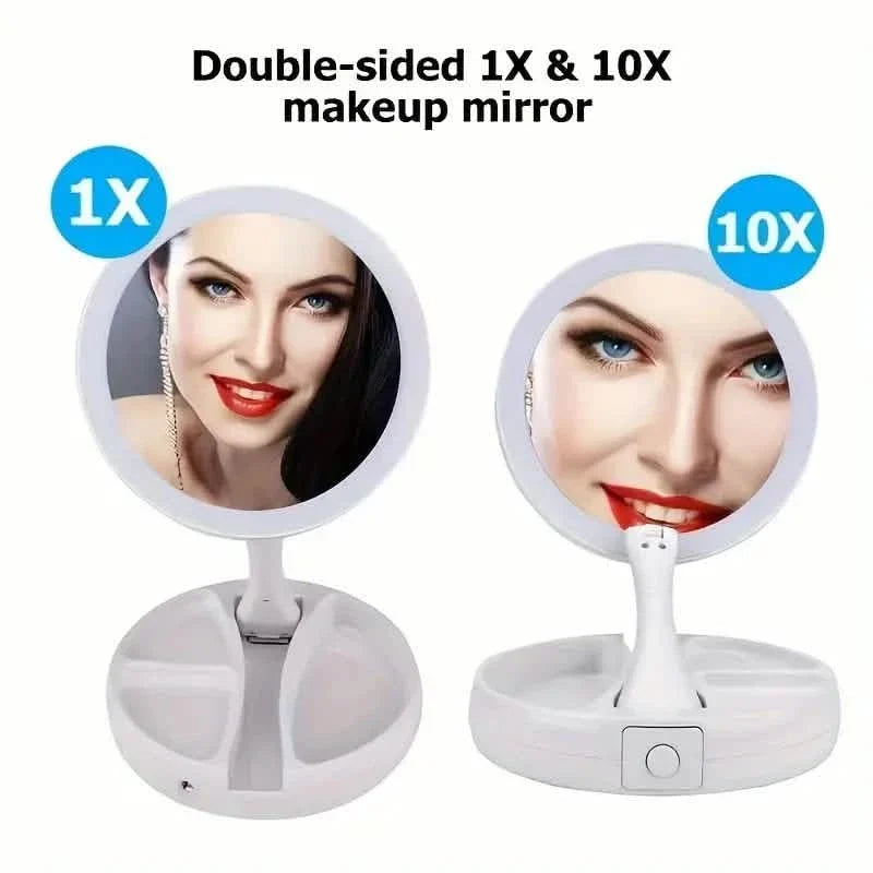 Foldable LED Vanity Mirror with Storage Base – 1X / 10X Magnification