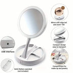 Foldable LED Vanity Mirror with Storage Base – 1X / 10X Magnification