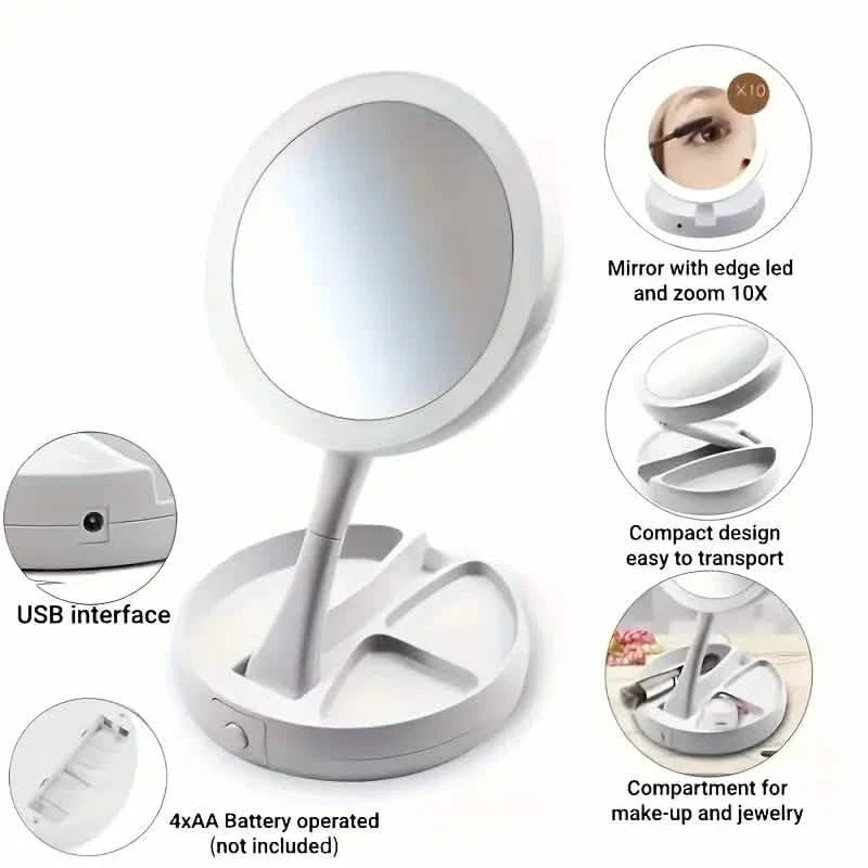 Foldable LED Vanity Mirror with Storage Base – 1X / 10X Magnification