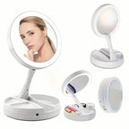 Foldable LED Vanity Mirror with Storage Base – 1X / 10X Magnification