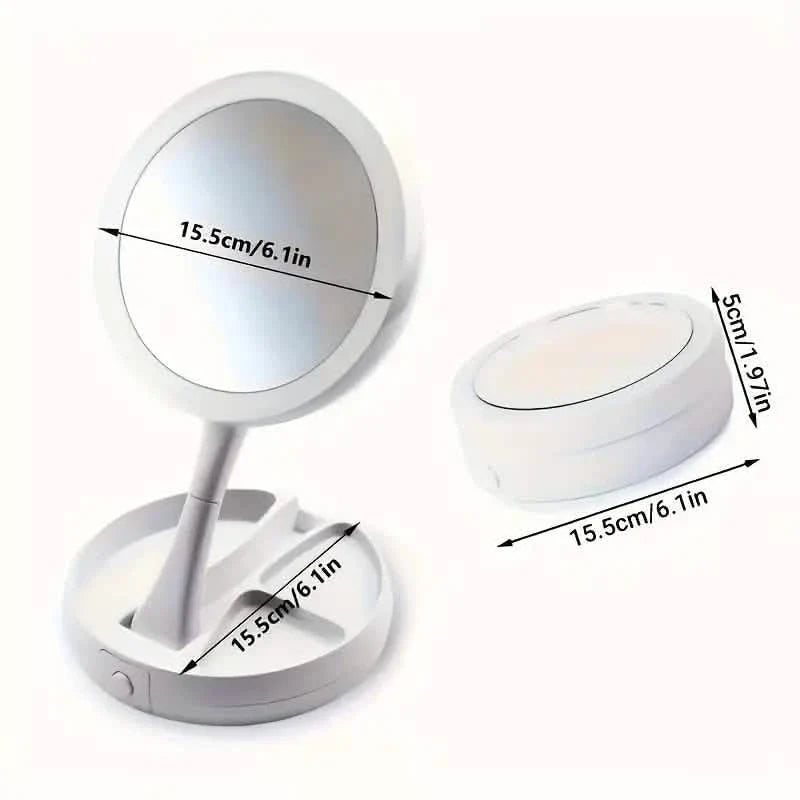 Foldable LED Vanity Mirror with Storage Base – 1X / 10X Magnification