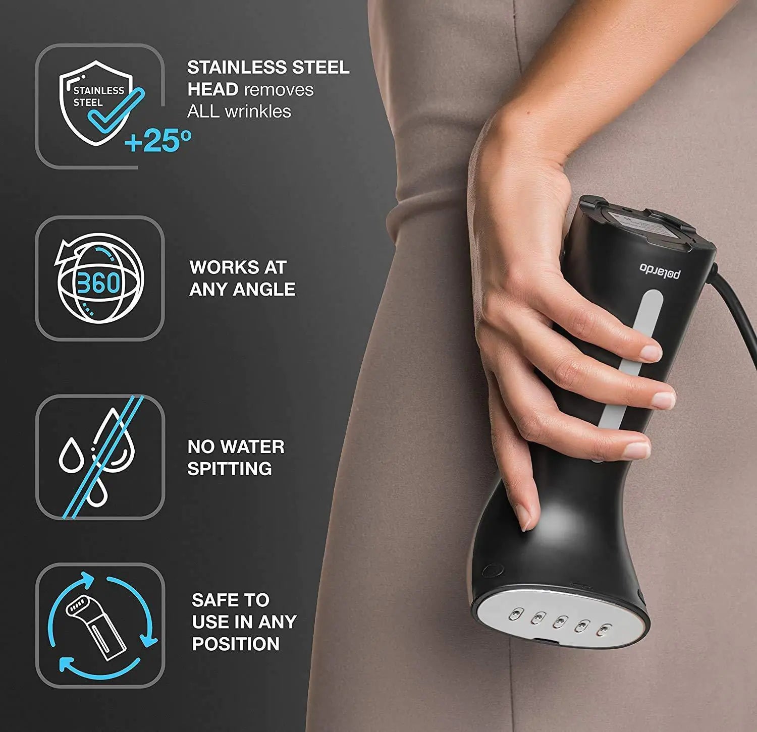 Handheld Portable Garment Steamer – Black Metal Steam Head