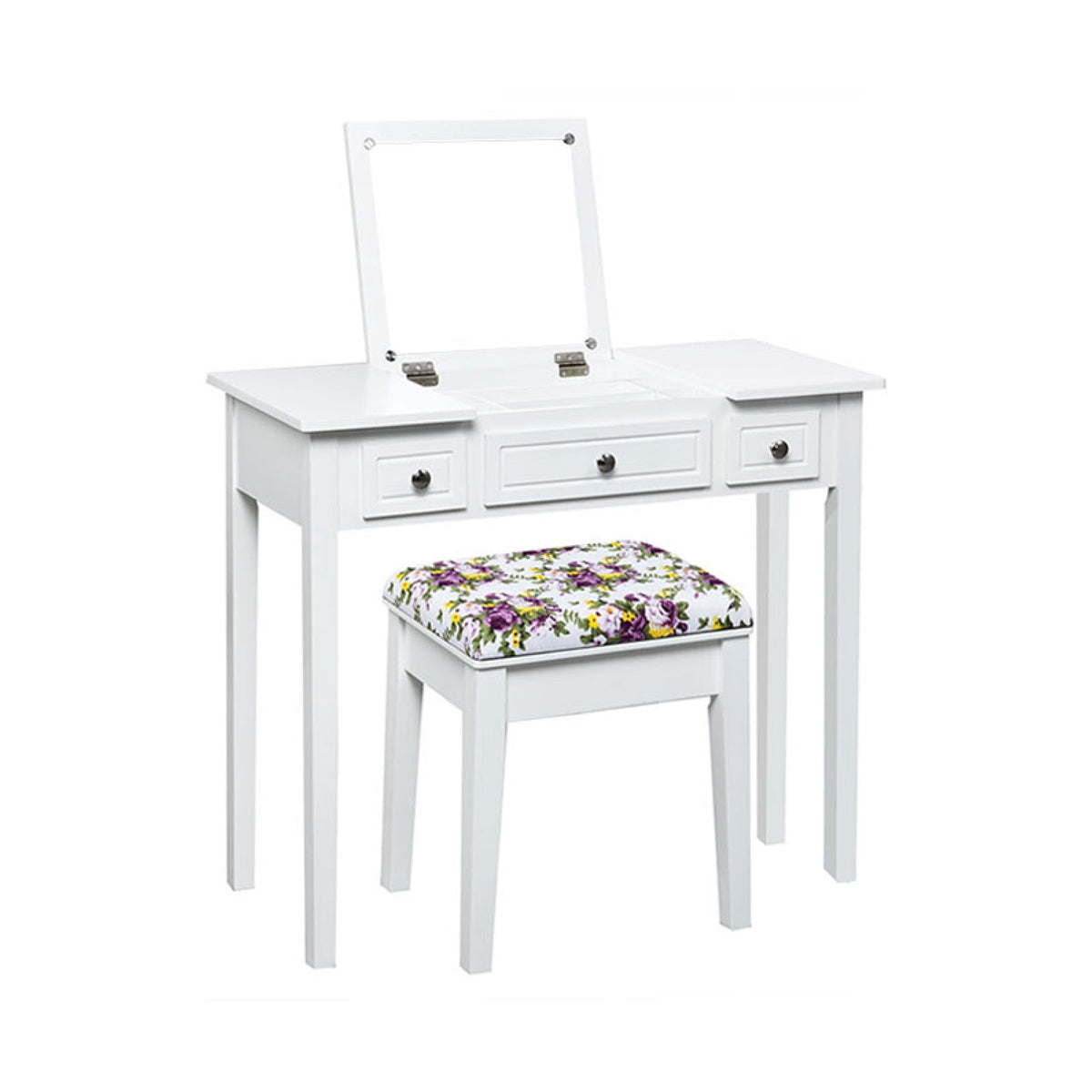 Flip-Top Vanity Dressing Table with Mirror, 3 Drawers & Stool