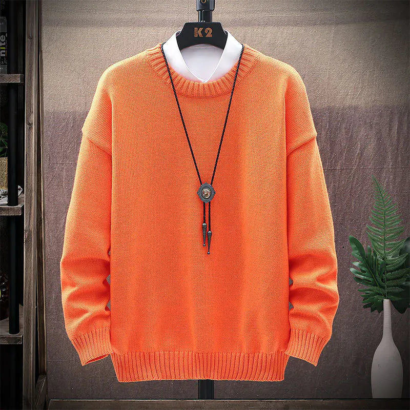 Men's Casual Brown Long-Sleeved Round Neck Sweater