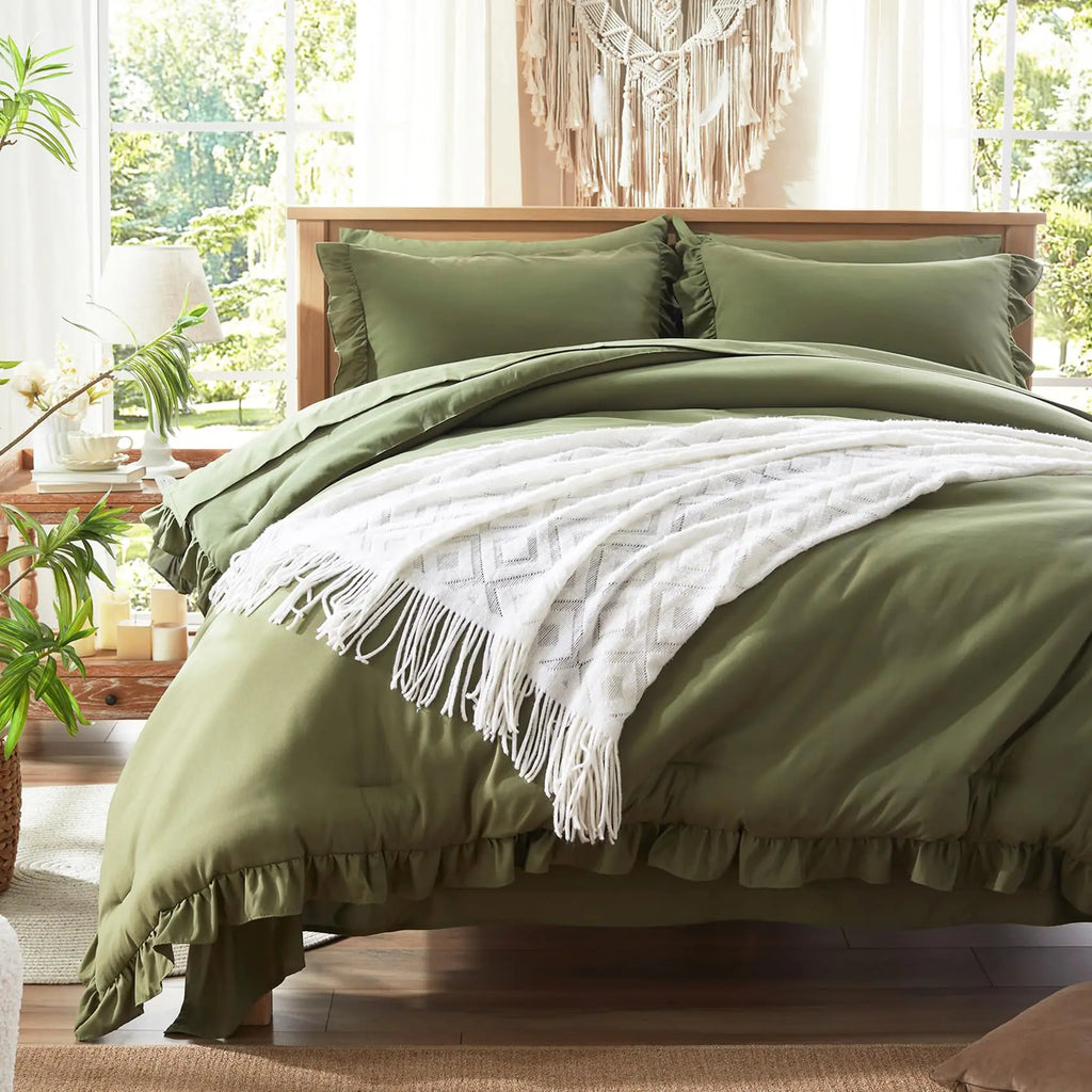 7-Piece Queen Size Ruffle Comforter Bedding Set – Anluoer (Olive Green)
