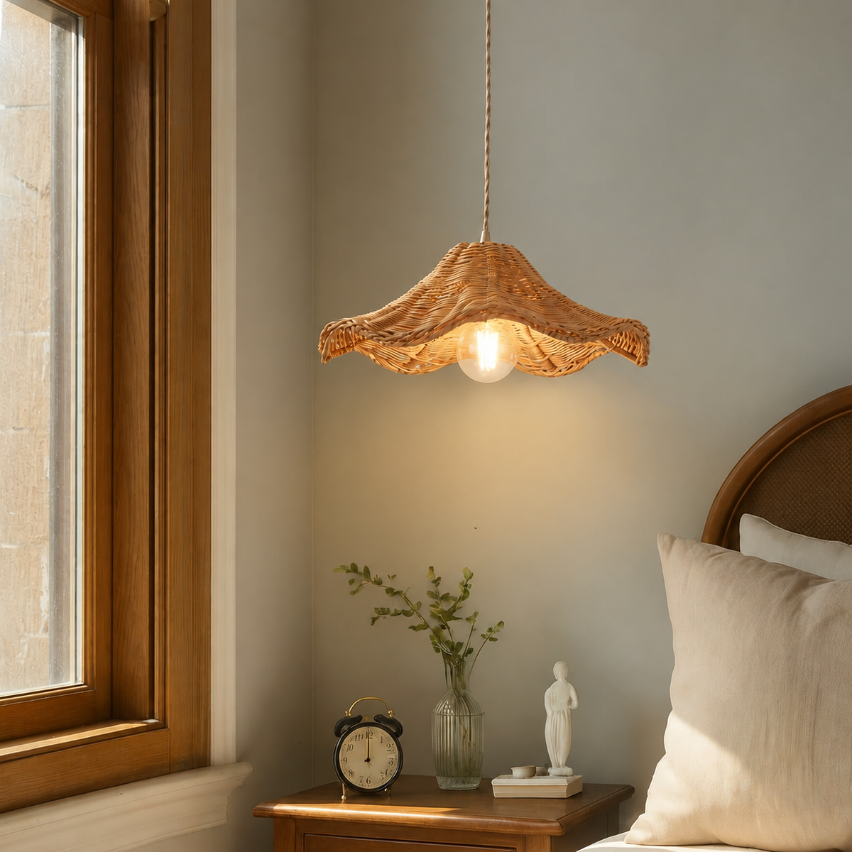 Handwoven Rattan Pendant Light – Wavy Boho Design