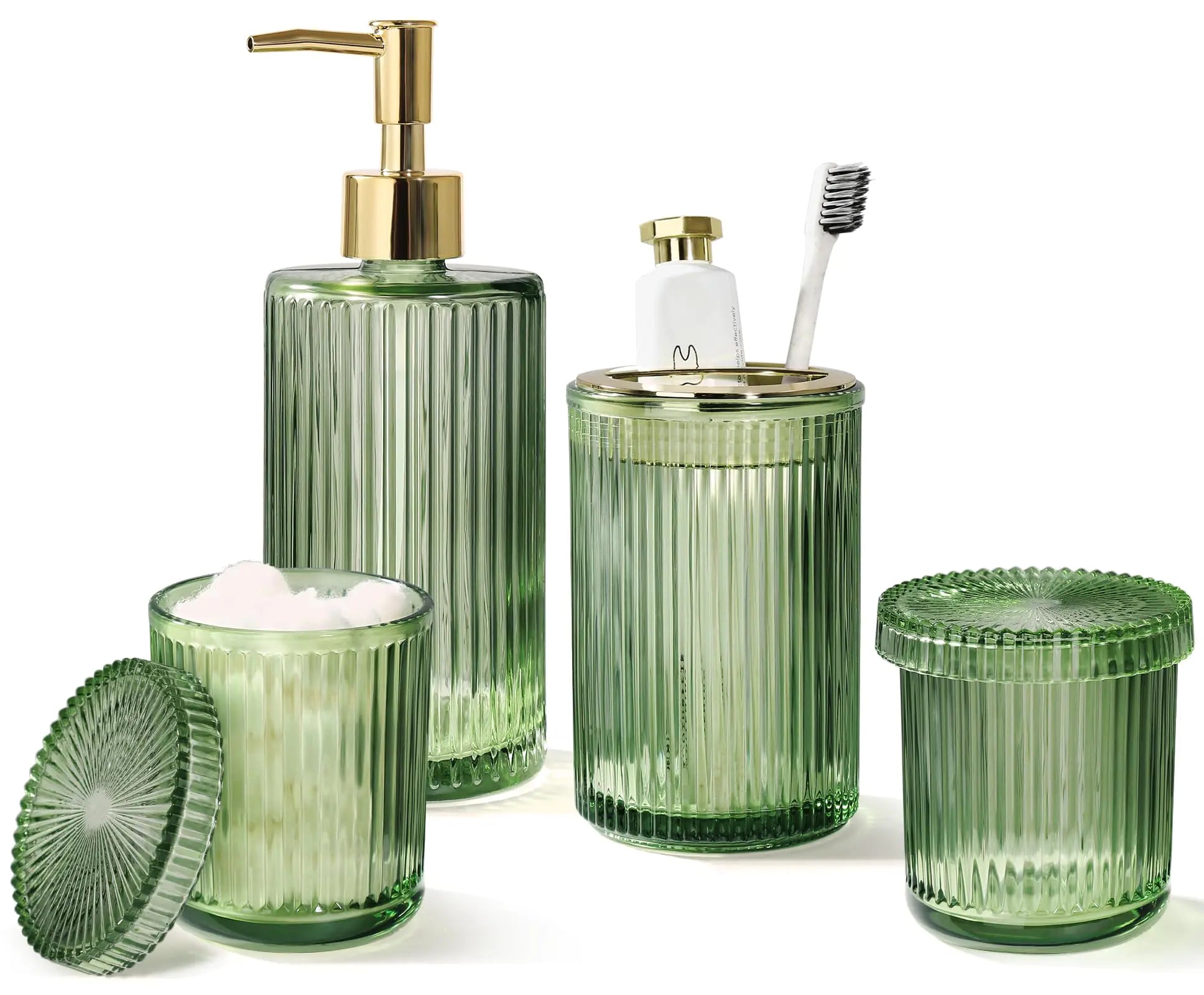 4-Piece Green Glass Bathroom Accessory Set