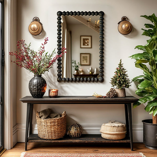 Beaded Carved Wood Wall Mirror – Black
