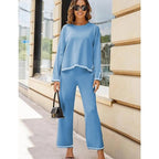 MS003 2 Piece Outfits Long Sleeve Knit Sweater Top Wide Leg Pants Lounge Sets