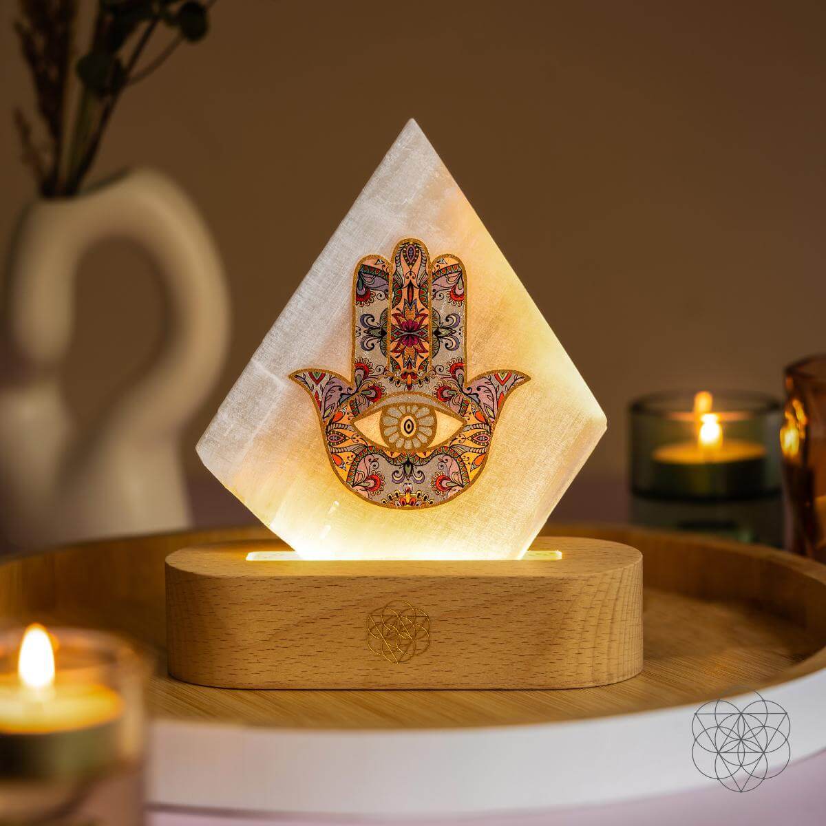 Selenite Hamsa Mood Lamp – 30 Light Modes