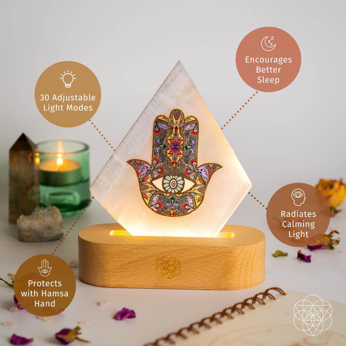 Selenite Hamsa Mood Lamp – 30 Light Modes