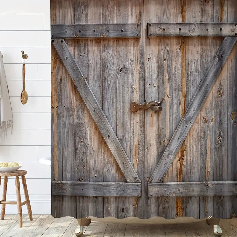 Vintage Wooden Door Shower Curtain – 12 Hooks Included