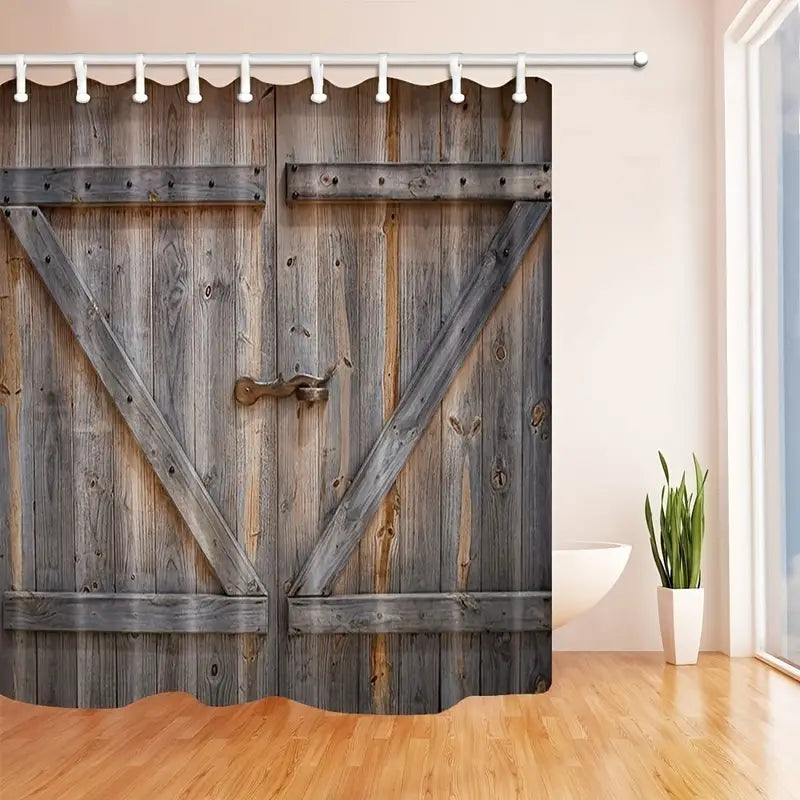 Vintage Wooden Door Shower Curtain – 12 Hooks Included