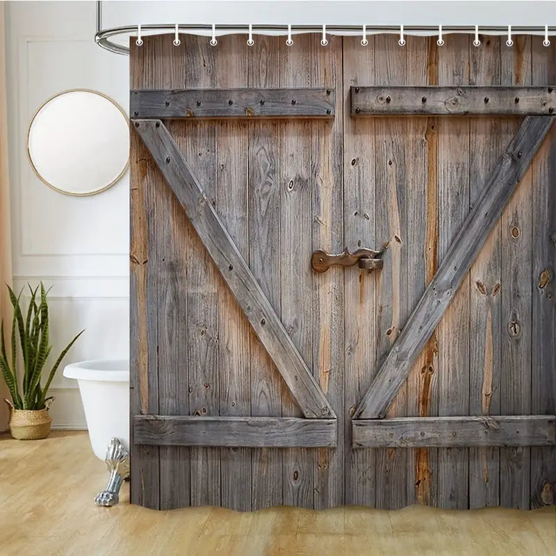 Vintage Wooden Door Shower Curtain – 12 Hooks Included