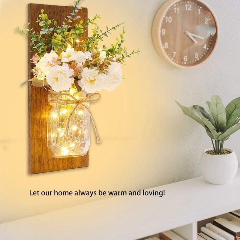2-Piece Mason Jar Floral Wall Sconce Set with LED Fairy Lights