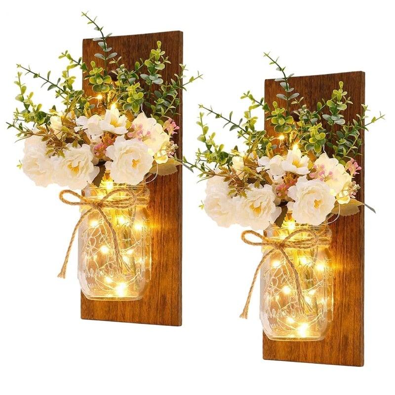 2-Piece Mason Jar Floral Wall Sconce Set with LED Fairy Lights