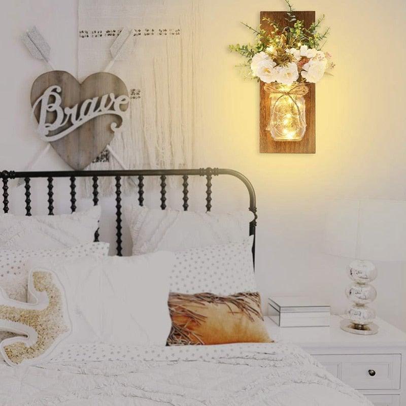 2-Piece Mason Jar Floral Wall Sconce Set with LED Fairy Lights