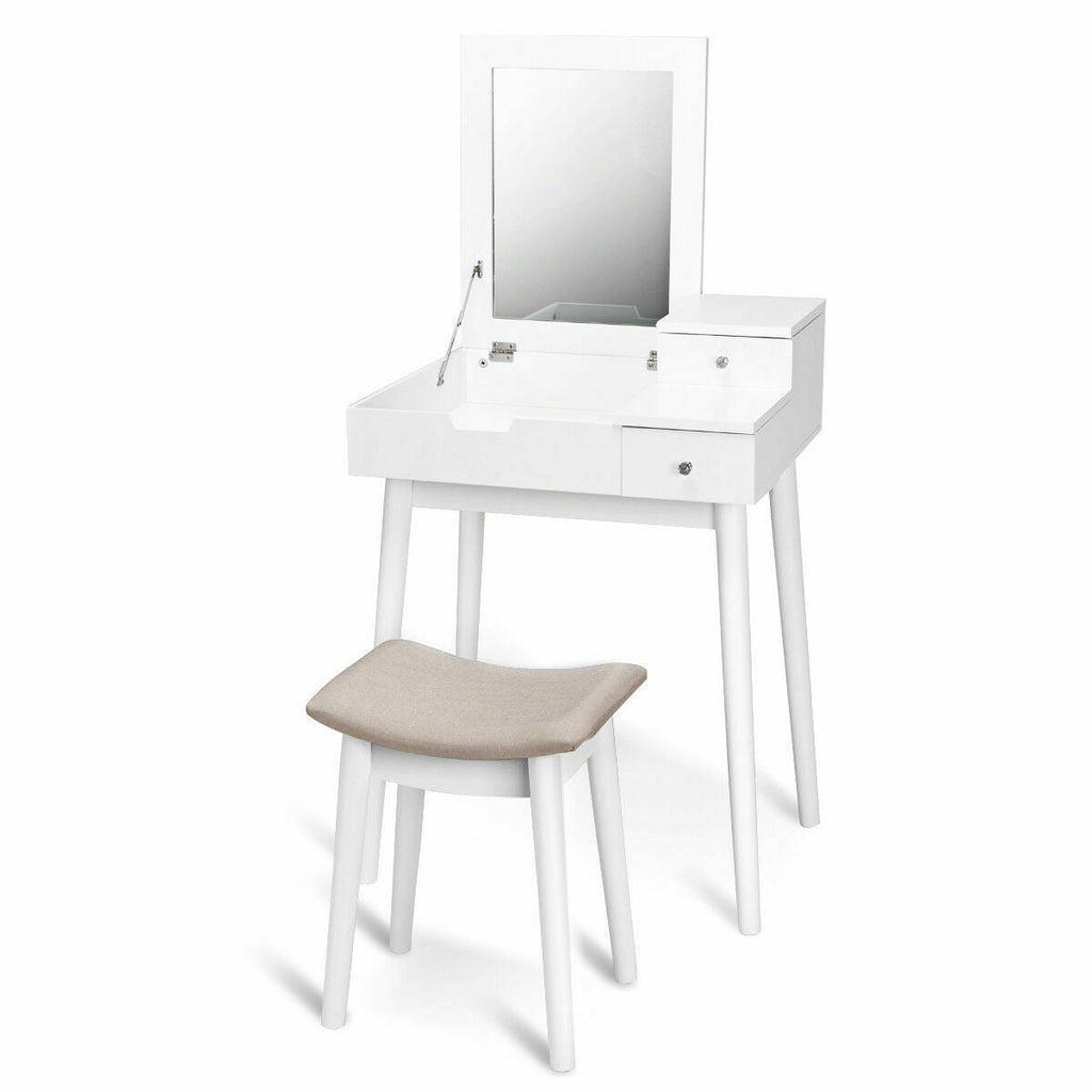 Flip-Top Vanity Dressing Table Set with Mirror & Stool – White