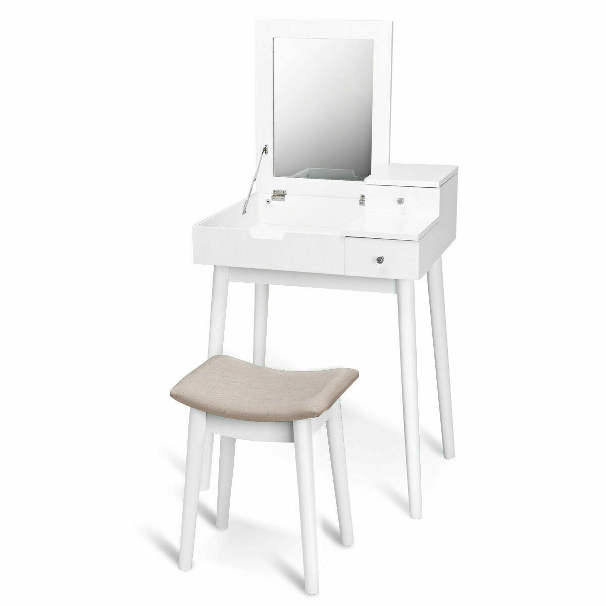 Flip-Top Vanity Dressing Table Set with Mirror & Stool – White