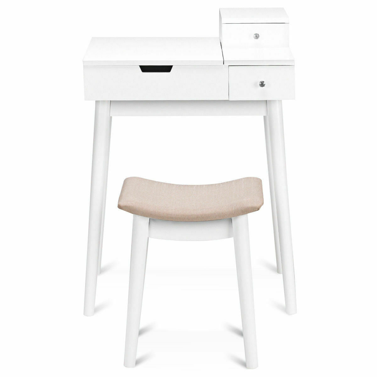 Flip-Top Vanity Dressing Table Set with Mirror & Stool – White