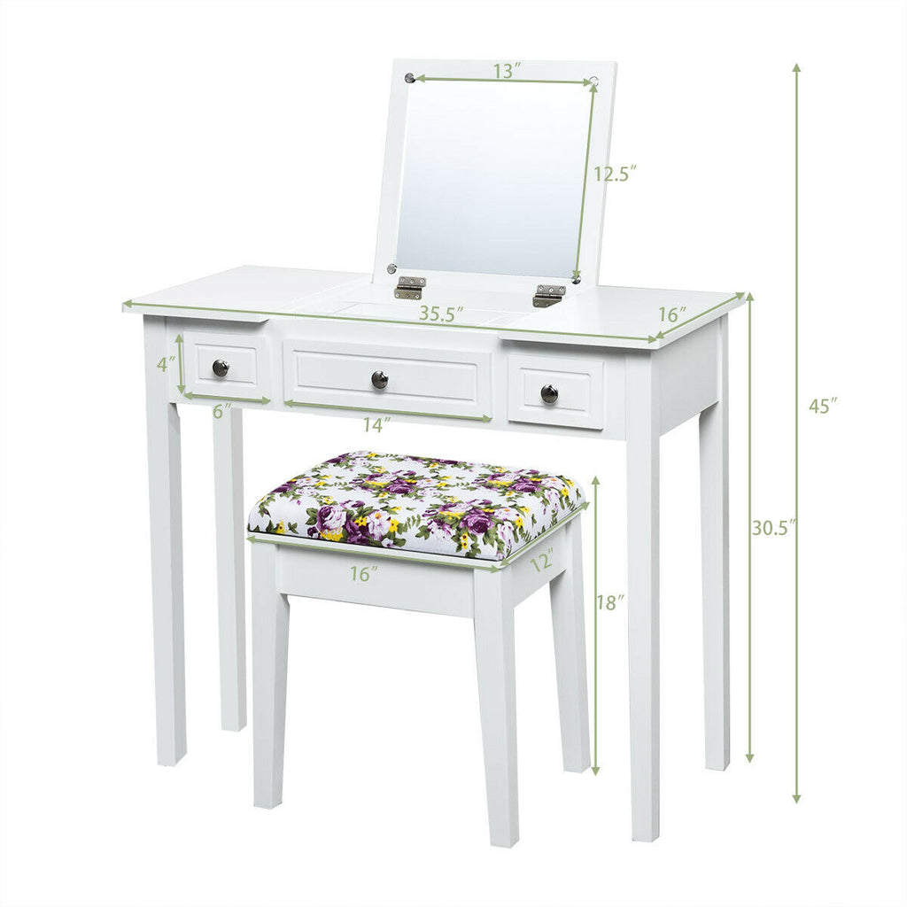 Flip-Top Vanity Dressing Table with Mirror, 3 Drawers & Stool