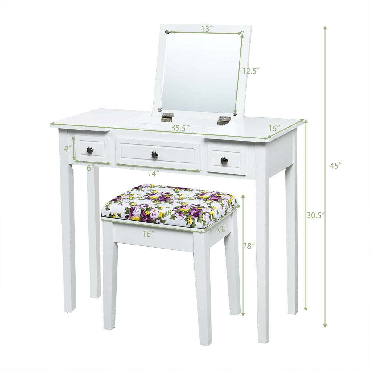 Flip-Top Vanity Dressing Table with Mirror, 3 Drawers & Stool