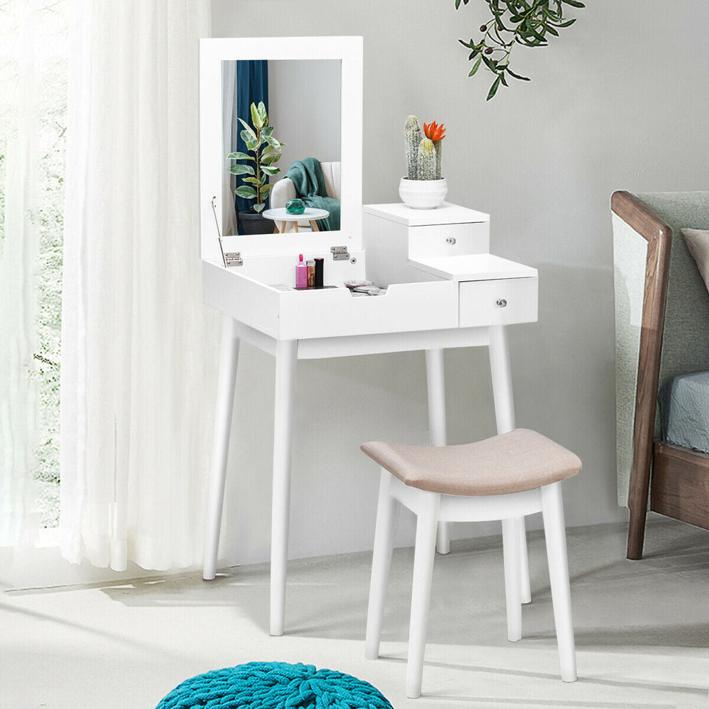 Flip-Top Vanity Dressing Table Set with Mirror & Stool – White