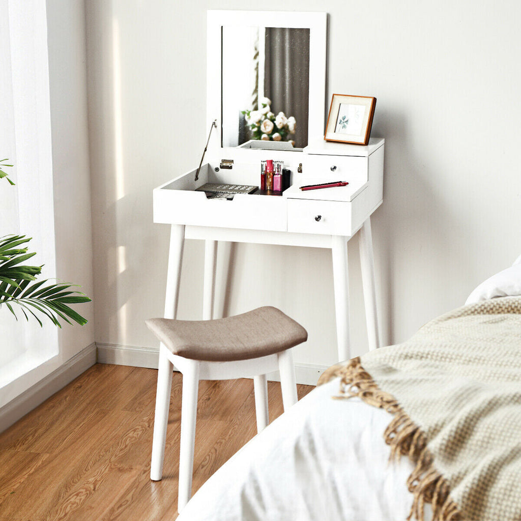 Flip-Top Vanity Dressing Table Set with Mirror & Stool – White