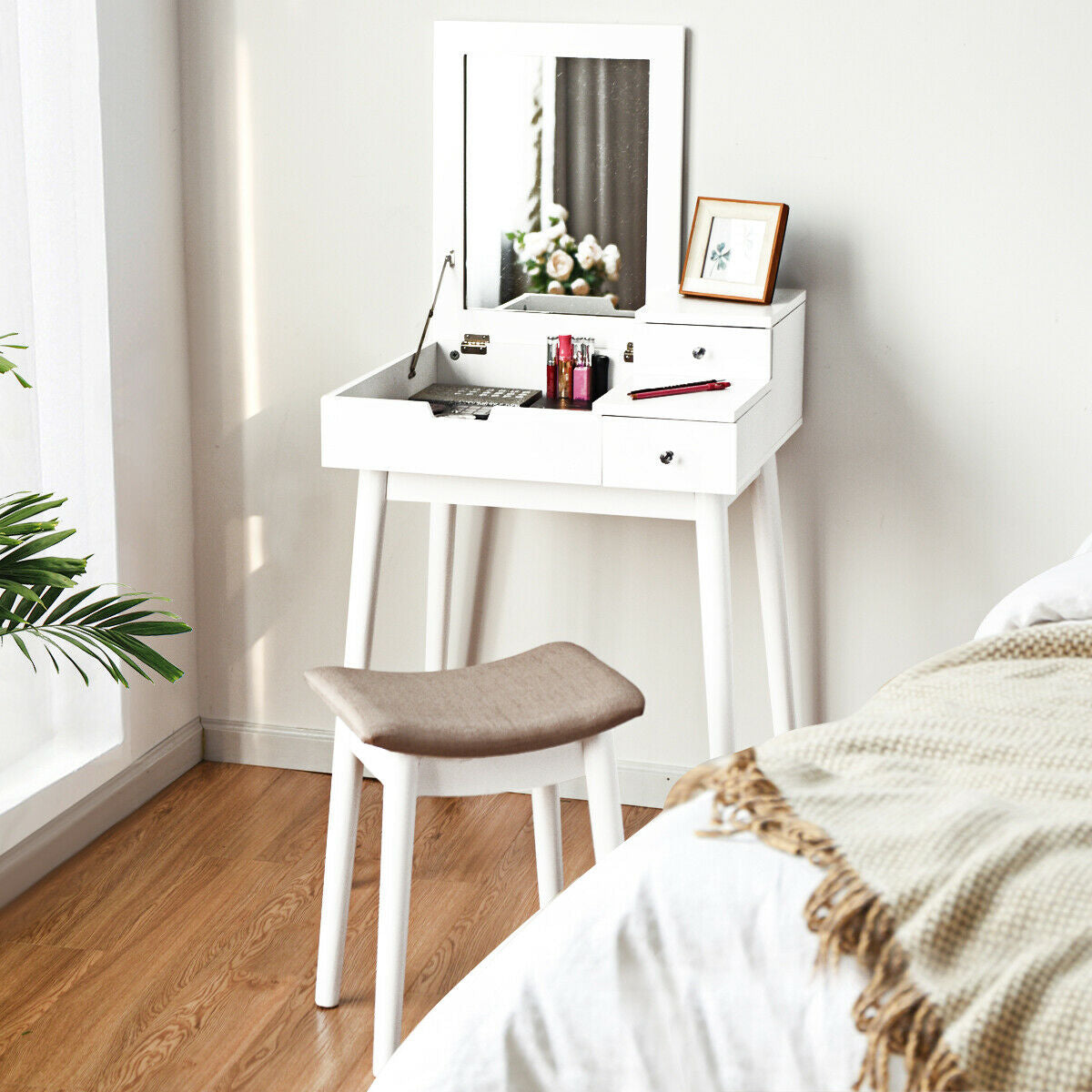 Flip-Top Vanity Dressing Table Set with Mirror & Stool – White