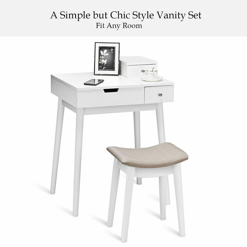 Flip-Top Vanity Dressing Table Set with Mirror & Stool – White