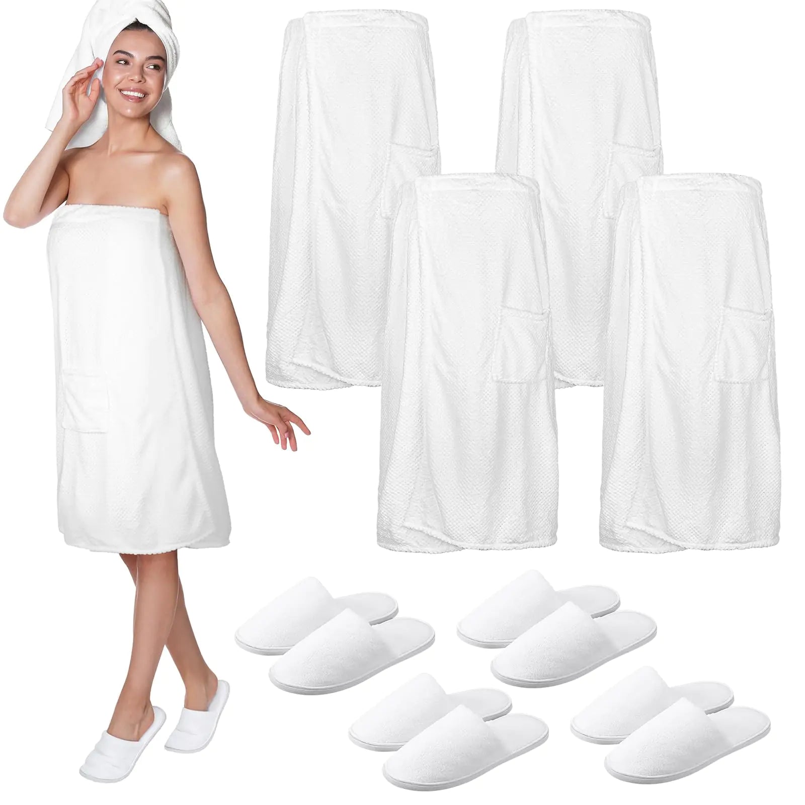 4-Piece Women’s Waffle Spa Wrap & Slipper Set – Tigeen (White)