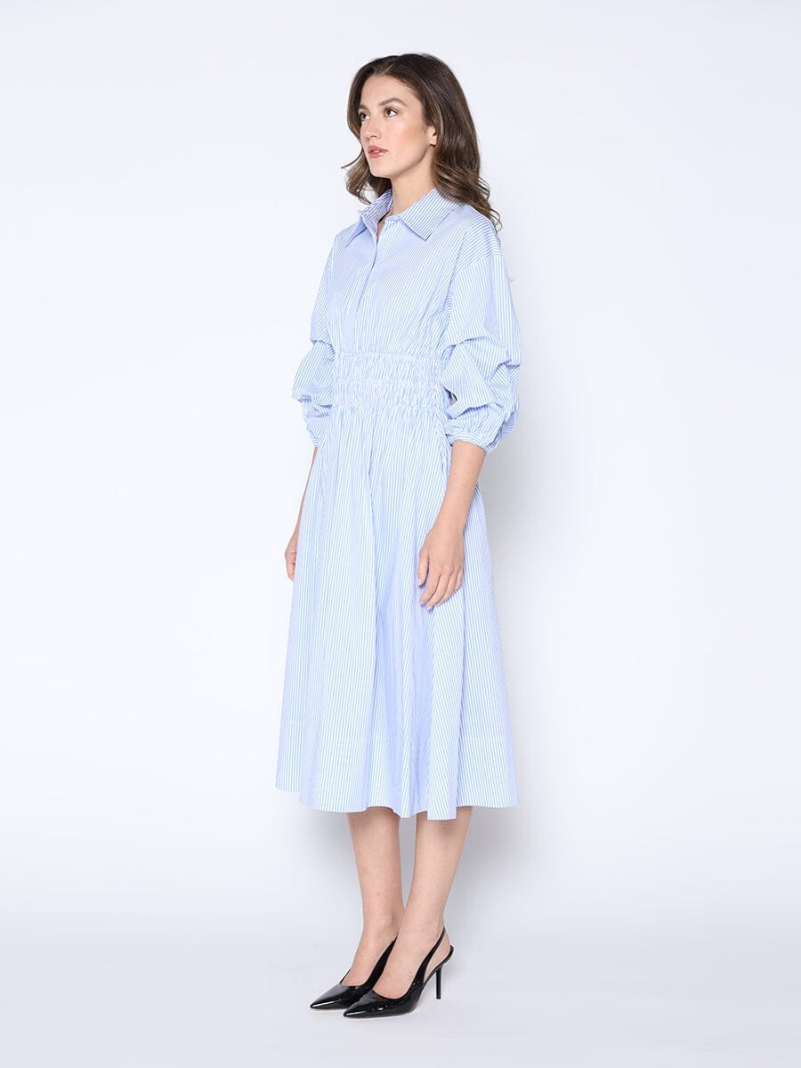 Shirred Waist Puff Sleeve Stripe Cotton Dress
