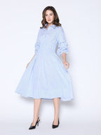 Shirred Waist Puff Sleeve Stripe Cotton Dress
