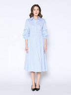 Shirred Waist Puff Sleeve Stripe Cotton Dress