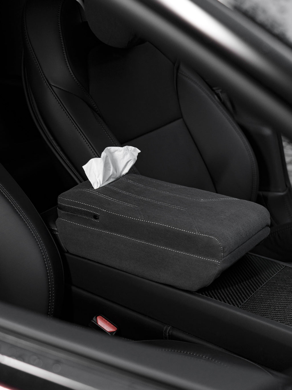 Suede Armrest Cover with Raised Pad & Tissue Holder – Tesla Model 3 Highland / Model Y Juniper