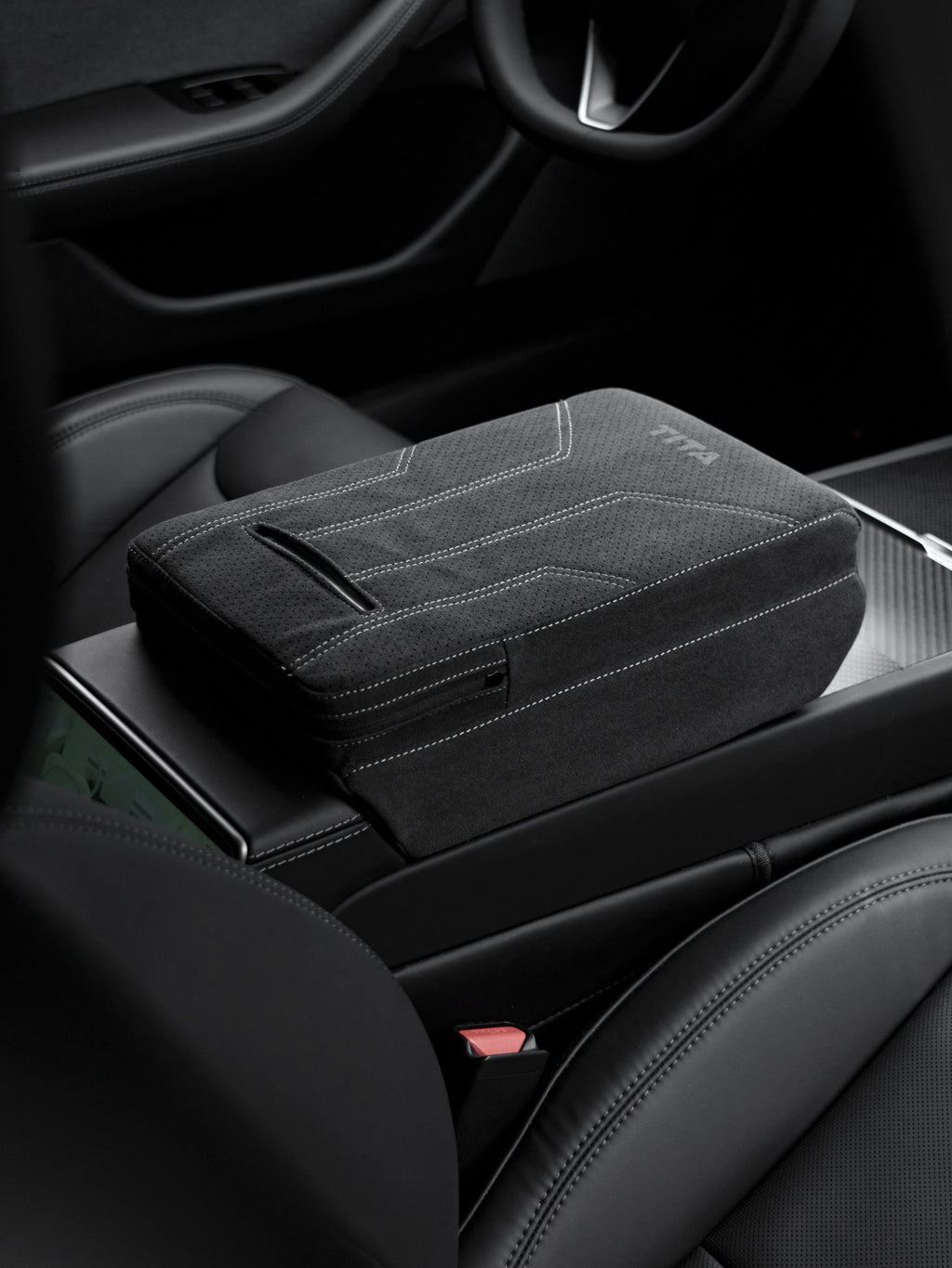 Suede Armrest Cover with Raised Pad & Tissue Holder – Tesla Model 3 Highland / Model Y Juniper
