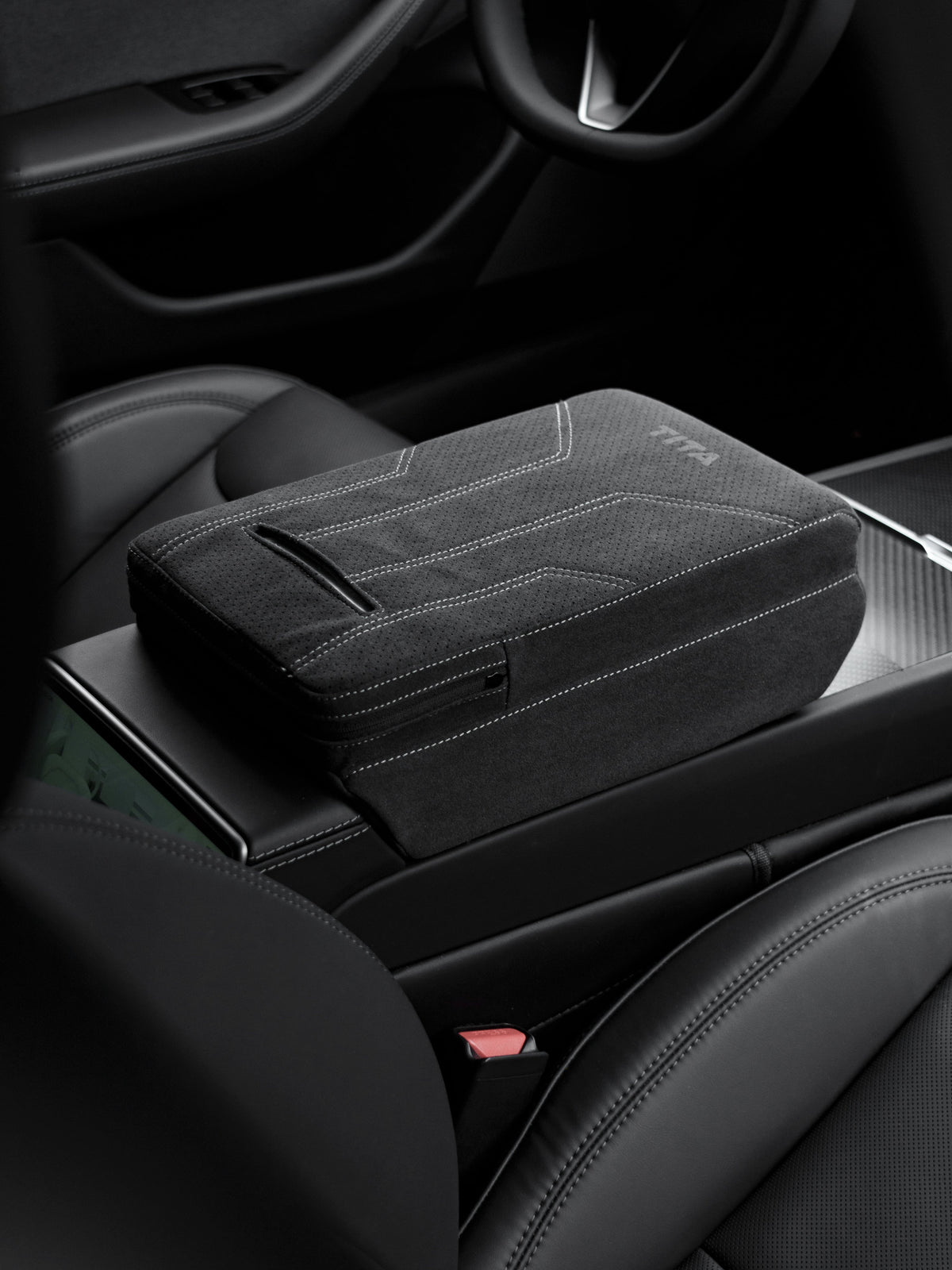 Suede Armrest Cover with Raised Pad & Tissue Holder – Tesla Model 3 Highland / Model Y Juniper