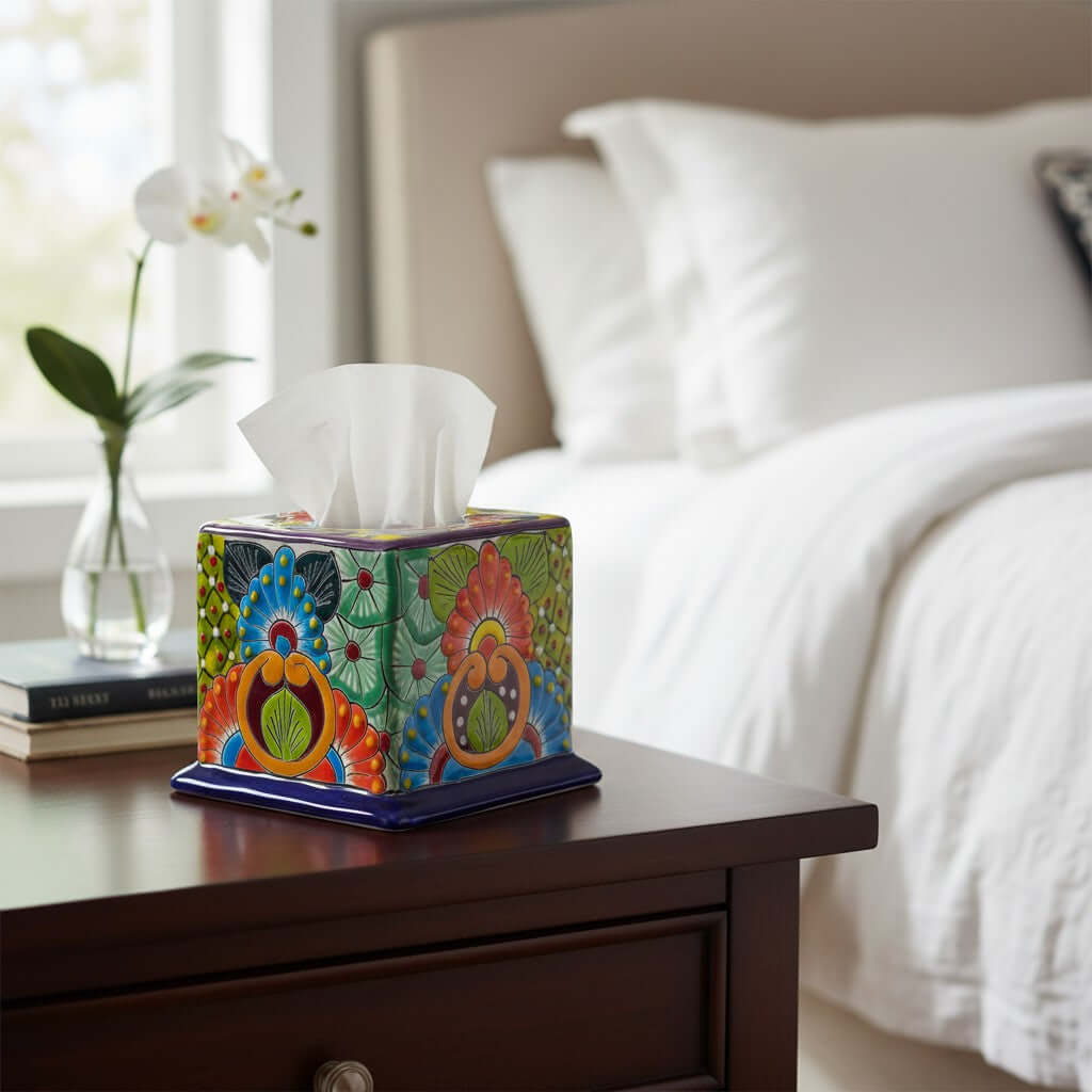 Talavera Ceramic Tissue Box Cover – Hand-Painted Colorful Design