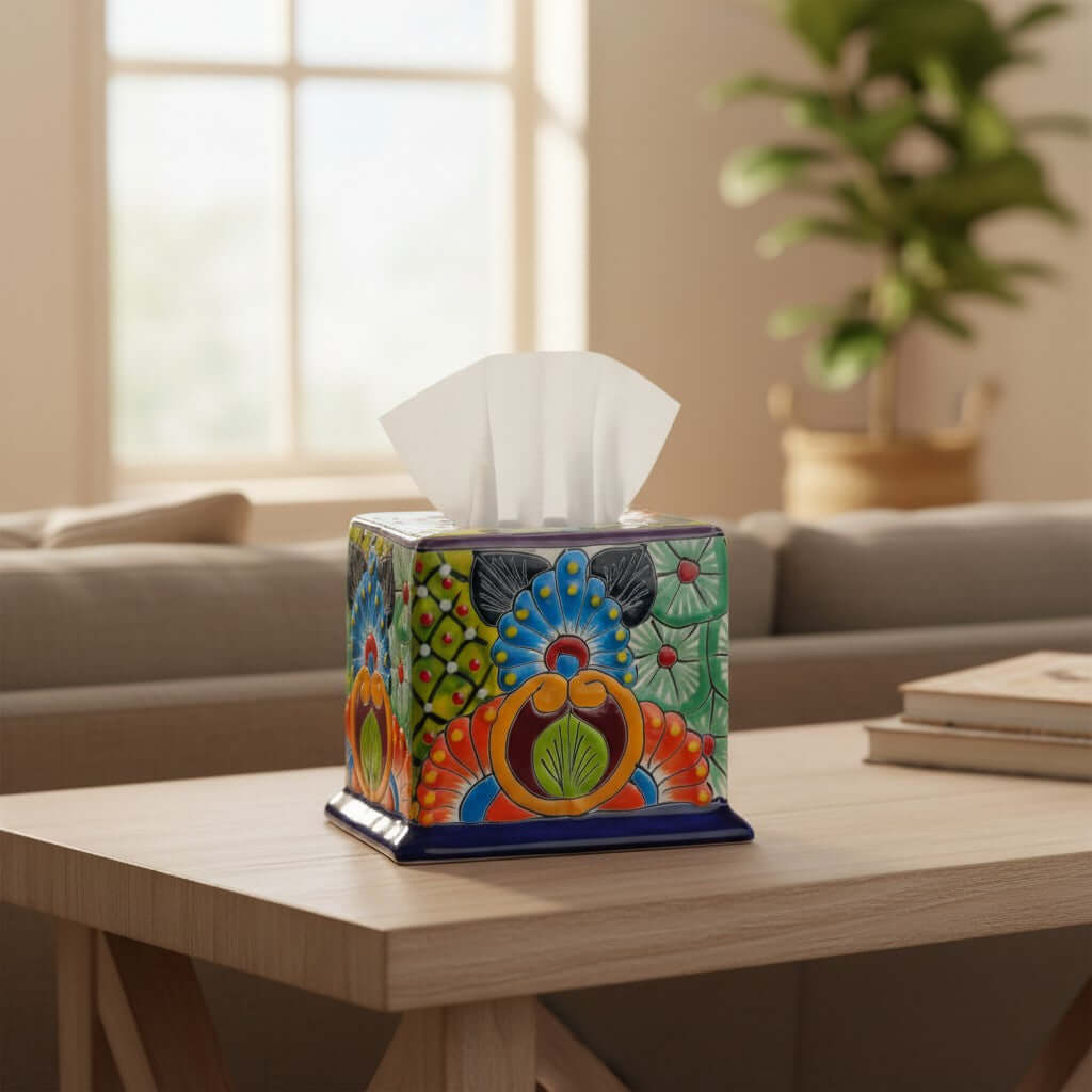 Talavera Ceramic Tissue Box Cover – Hand-Painted Colorful Design