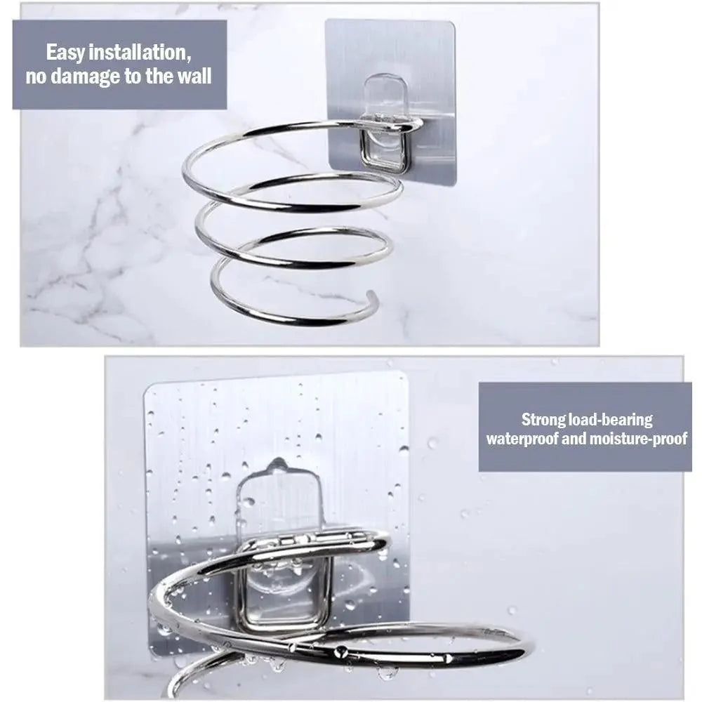 No-Drill Wall-Mounted Hair Dryer Holder – Stainless Steel