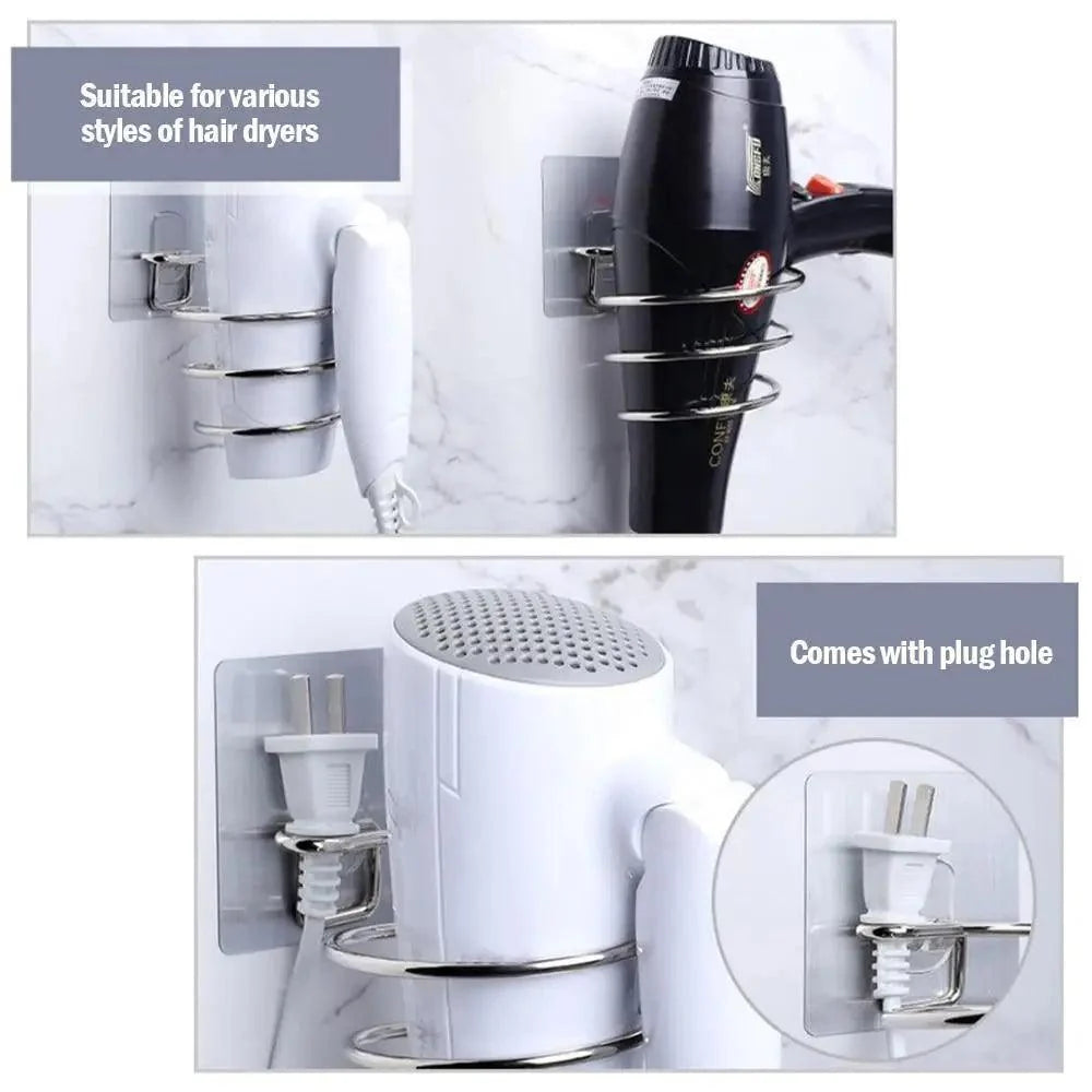 No-Drill Wall-Mounted Hair Dryer Holder – Stainless Steel